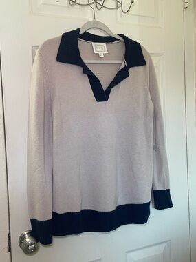 Sail to Sable Beige and Navy Contrast Collar Sweater